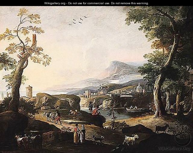 A river landscape with peasants and livestock in the foreground - (after) Marco Ricci