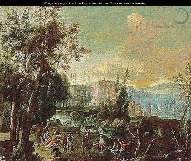 A wooded river landscape with peasants - Flemish School