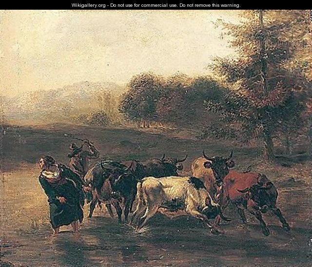 A herder and maid driving cattle across a river - (after) Nicolaes Berchem