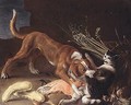 A dog attacking a cat stealing meat from a wicker basket - (after) Pierre Van BOUCLE (BOECKEL)