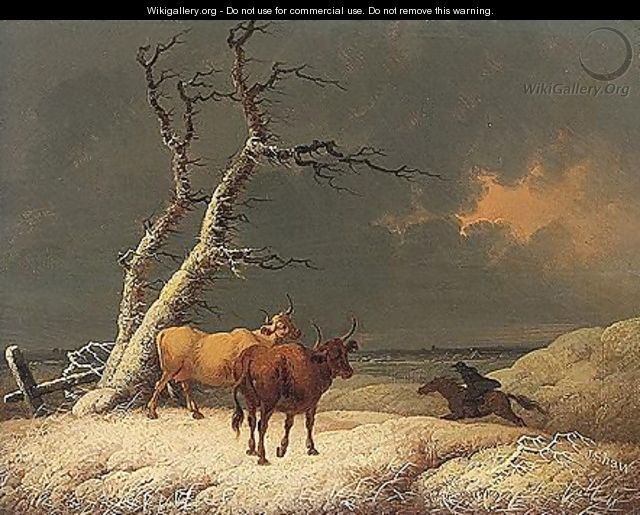 Horse and rider passing cattle in winter landscape - Joshua Shaw