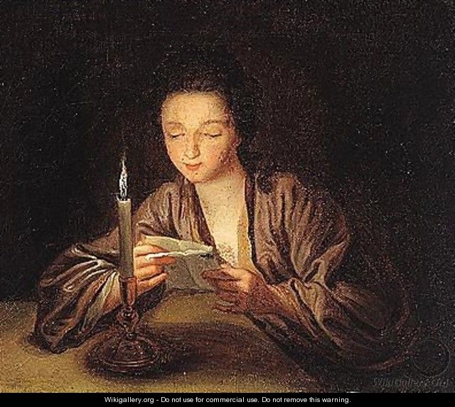 A woman reading a letter by candlelight - (after) Jean-Baptiste Santerre