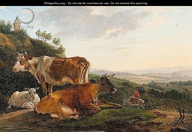 Landscape with cattle and sheep resting, a town beyond - Jean-Francois Legillon