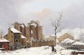A winter landscape with figures on a path by a ruined church - (after) Jules Cesar Denis Van Loo