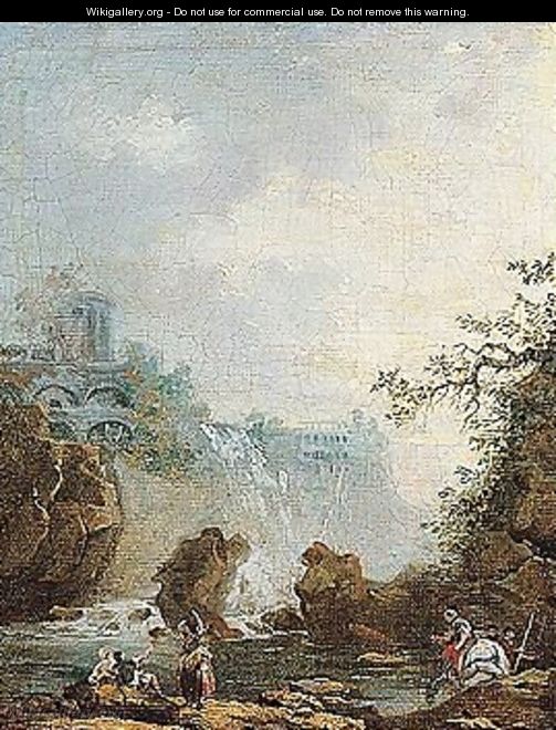 A river landscape with figures by a waterfall, classical ruins in the distance - (after) Hubert Robert