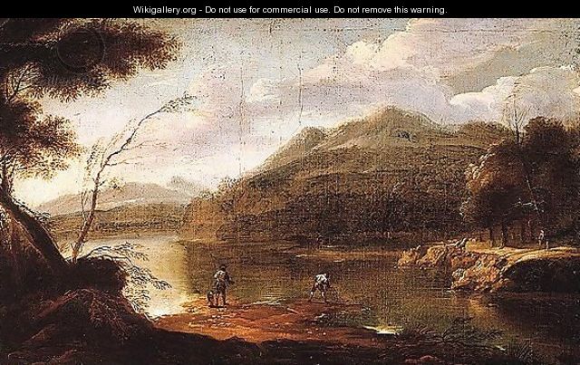 A wooded landscape with figures by a lake - (after) Marco Ricci