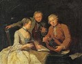 A conversation piece with a man playing a hurdy-gurdy to a lady - French School