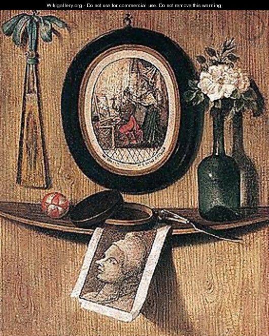 A rose in a wine bottle, a knife, a pot and a ball on a ledge on a wooden wall - (after) Andrea Remps