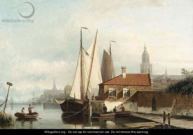 A View Of A Town With Sailing - Nicolaas Riegen