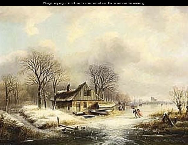 A Winter Landscape With Figures On A Frozen River - Johannes Petrus van Velzen