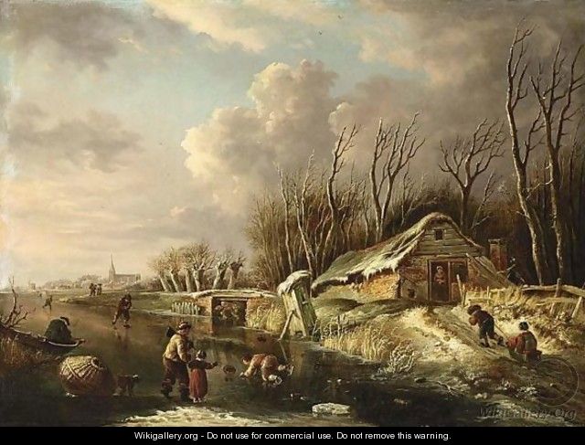 A Winter Scene With Skaters On A River, Two Children Sleigh Riding On A - Andries Vermeulen