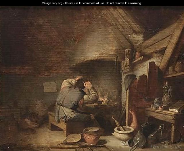 An Alchemist Near A Fireplace In His Studio - (after) Adriaen Jansz. Van Ostade