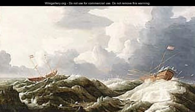 A sailing vessel and a galleon in stormy seas - Dutch School