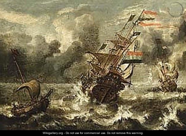 A Man-of-war And Other Sailing Vessels In Stormy Waters - (after) Wigerus Vitringa
