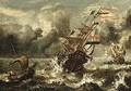 A Man-of-war And Other Sailing Vessels In Stormy Waters - (after) Wigerus Vitringa