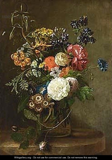 Flowers In A Glass Vase, All On A Marble Ledge - Dutch School
