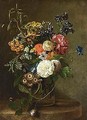 Flowers In A Glass Vase, All On A Marble Ledge - Dutch School