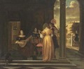 An Elegant Company Making Music In A Vestibule, With A View Of A City - Pieter De Hooch