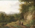 Travellers on a path in a wooded landscape - (after) Jaques D'Arthois