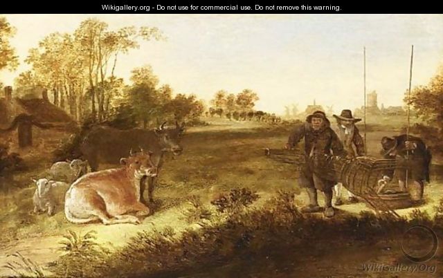 Landscape with fishermen holding a ducktrap, cows and sheep nearby - (after) Govert Dircksz. Camphuysen