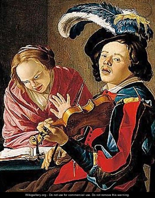 An Allegory Of The Sense Of Hearing An Interior With A Boy Playing The Violin And A Lady Singing - Christiaen van Couwenbergh