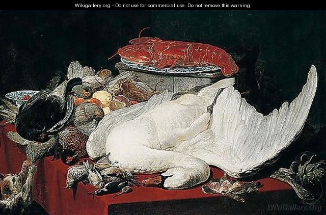 Still Life Of A Swan, A Lobster On A Blue And White Porcelain Plate, Strawberries In A Blue And White Porcelain Bowl, Fruit, Asparagus And An Artichoke, Dead Fowl, All On A Table - Paul de Vos