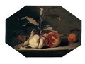 A Still Life Of Peaches, Plums And One Apricot Arranged Upon A Stone Ledge - Jacob Fransz van der Merck