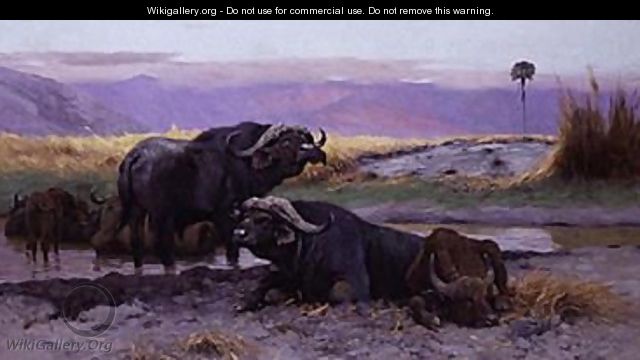 Buffalo Along The Riverbank - Wilhelm Kuhnert