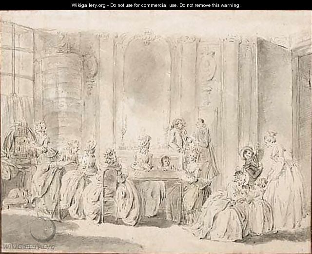 An interior with ladies conversing at a table, children, and a gentleman and a priest near a fireplace - (after) Augustin De Saint-Aubin