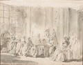 An interior with ladies conversing at a table, children, and a gentleman and a priest near a fireplace - (after) Augustin De Saint-Aubin