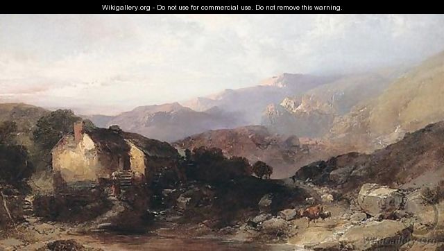 A View In North Wales With An Overshot Mill And Cattle And Sheep - Henry Bright