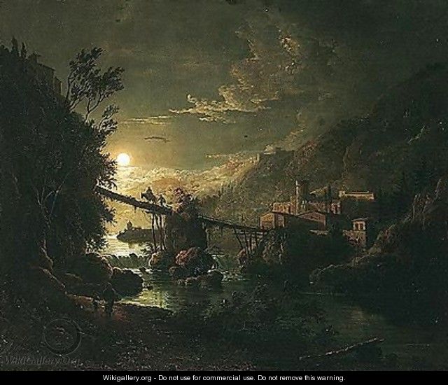 Moonlit River Landscape With Figures Crossing A Bridge - Abraham Pether