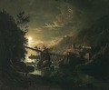 Moonlit River Landscape With Figures Crossing A Bridge - Abraham Pether