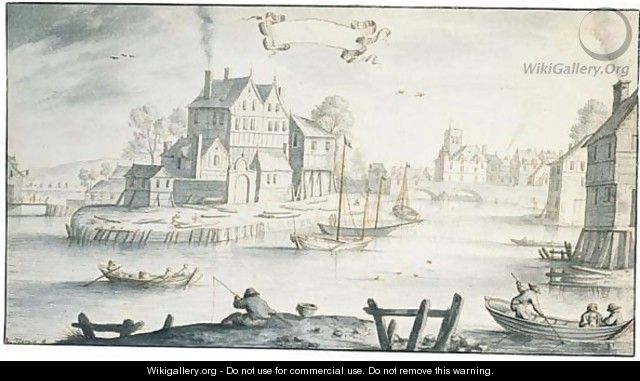 View of a town on a river with figures fishing and in boats - Albert Flamen