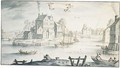 View of a town on a river with figures fishing and in boats - Albert Flamen