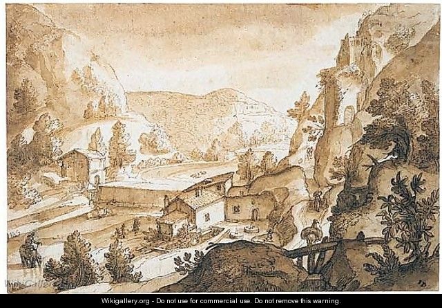 Mountainous river landscape with a view onto a mill - (after) Joos Or Josse De, The Younger Momper