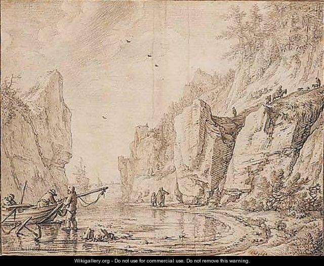 Unloading Boats In A Rocky Bay - Herman Saftleven