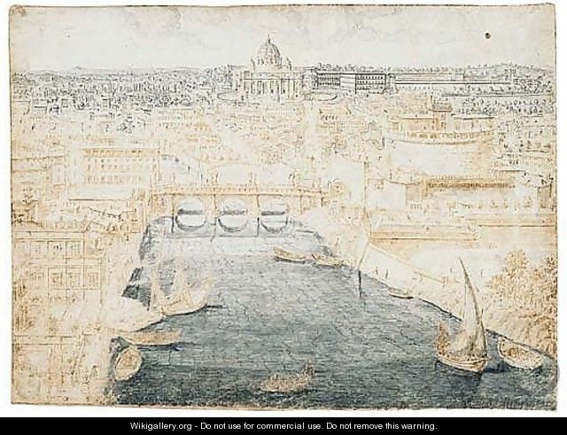 A view of rome, looking along the tiber, over the castel Sant