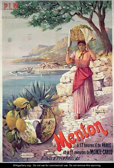 Travel poster advertising the Paris-Lyon-Mediterranee train line and holidays in Menton on the Cote d