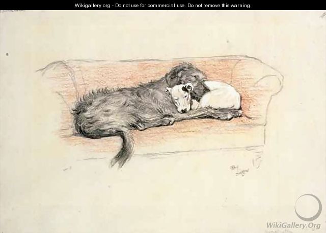 Reconciliation Wolfhound and Bull Terrier Asleep in a Sofa - Cecil Charles Aldin