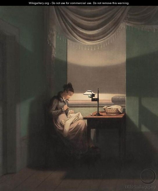 Young Woman Sewing by the Light of a Lamp - Georg Friedrich Kersting