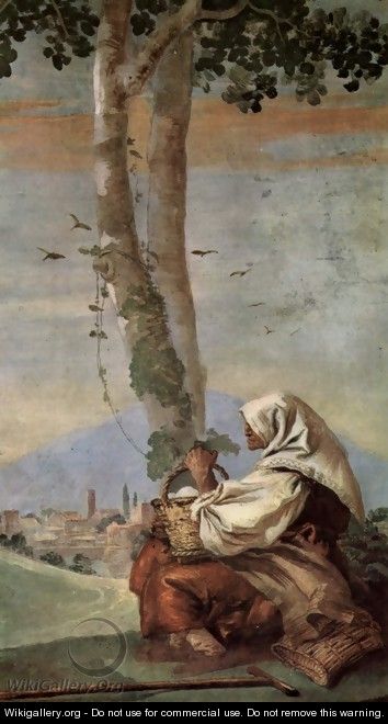 Frescoes in the Villa Valmarana, Vicenza, landscape scene with a seated peasant woman - Giovanni Domenico Tiepolo