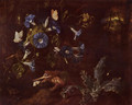 Morning glories, toad, and insect - Otto Marseus Van Schrieck