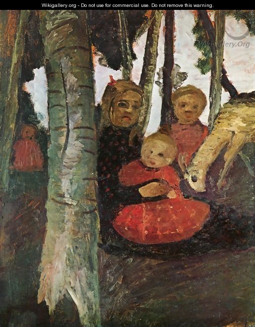 Three children with goat in the birch forest - Paula Modersohn-Becker