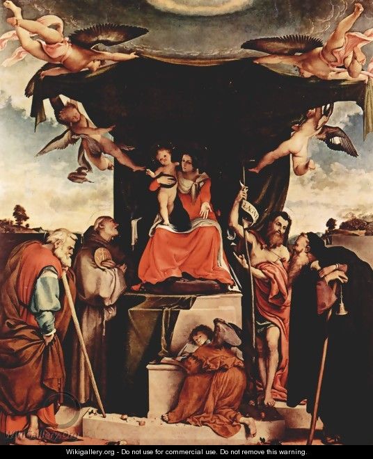 Enthroned Madonna, angels and saints, left St. Joseph, St. Bernard, St. John the Baptist on the right, St. Anthony Abbate - Lorenzo Lotto