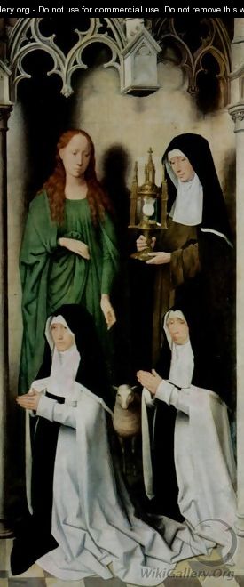 Triptych of the Mystical Marriage of St. Catherine of Alexandria, right wing, Agnes and Clara van Casembrood with Nuns - Hans Memling