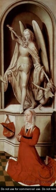 The Last Judgement, Triptych, right wing, inside praying founder Caterina Tanagli and Archangel Michael - Hans Memling