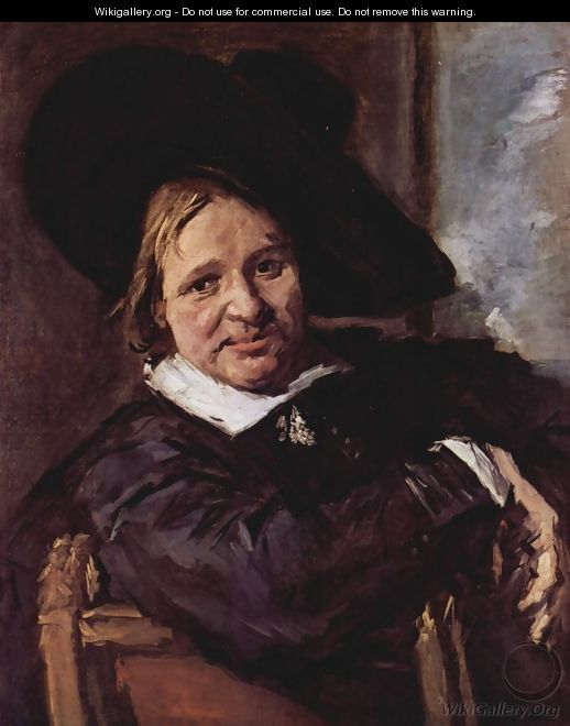 Portrait of a seated man with slanted hat, his right arm on the chair - Frans Hals