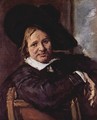 Portrait of a seated man with slanted hat, his right arm on the chair - Frans Hals