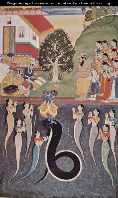 Krishna dances over the subdued Kaliya Naag in river Yamuna, while his wives are praying to Krishna for his mercy - Indian School